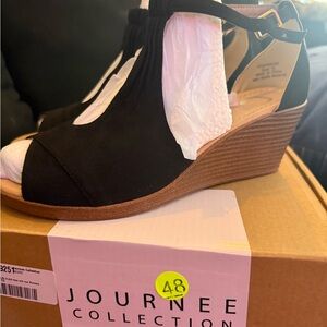 Journee Collection Black Peep-Toe Wedges